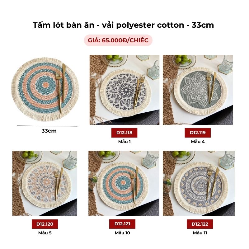 D12.118 D12.122 Tam lot ban an vai polyester cotton 33cm 10